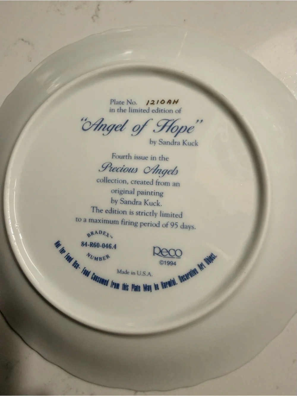 Vintage 1994 Sandra Kuck “Angel of Hope” Limited Edition Collector Plate